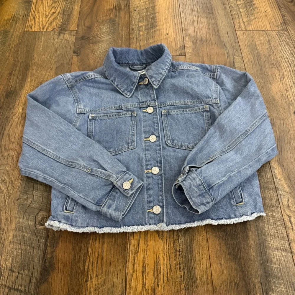 Old Navy Girls Light Wash Patchwork Flower Denim Jacket Size L 10-12 Frayed Hem